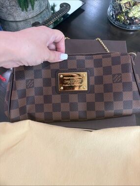 Louis Vuitton Eva Brown Damier Ebene Chain Wristlet Clutch with Gold Plaque
